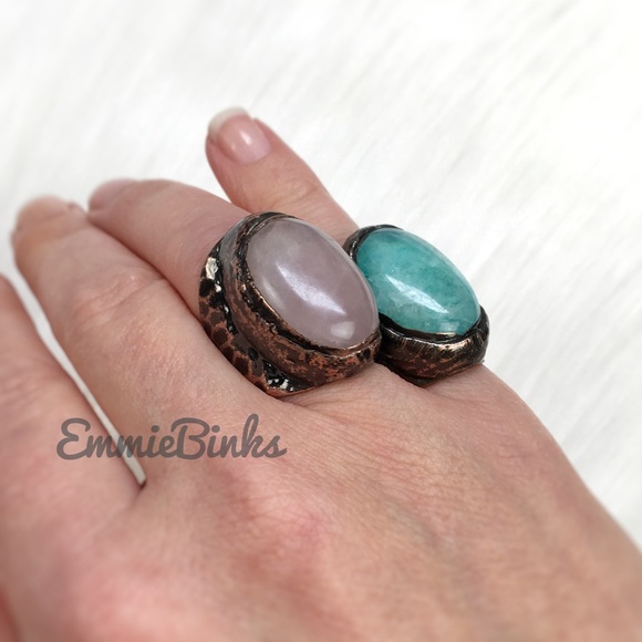 New Natural Rose Quartz & Textured Copper Statement Cocktail Ring - Picture 11 of 16
